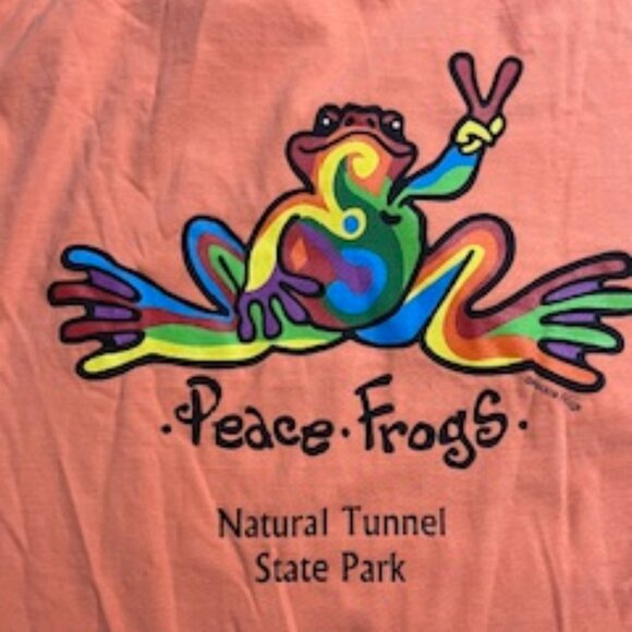 Peach Colored T-Shirt. Peace Frogs Natural Tunnel State Park. Size Medium - Picture 2 of 4
